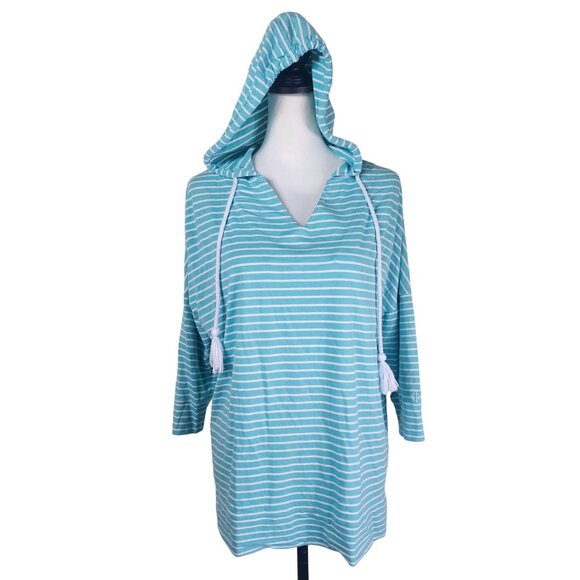 Coolibar UPF 50+ Bamboo Beach Hoodie M Aqua Stripe Nautical Pullover Top Ethical - Picture 1 of 12
